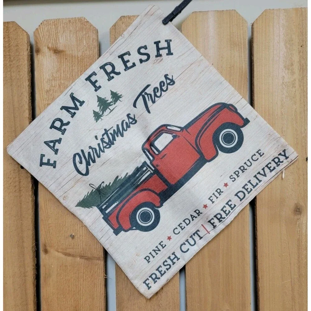 Zipper Holiday Pillow Cover Red Truck Farm Fresh Christmas Trees 17x17